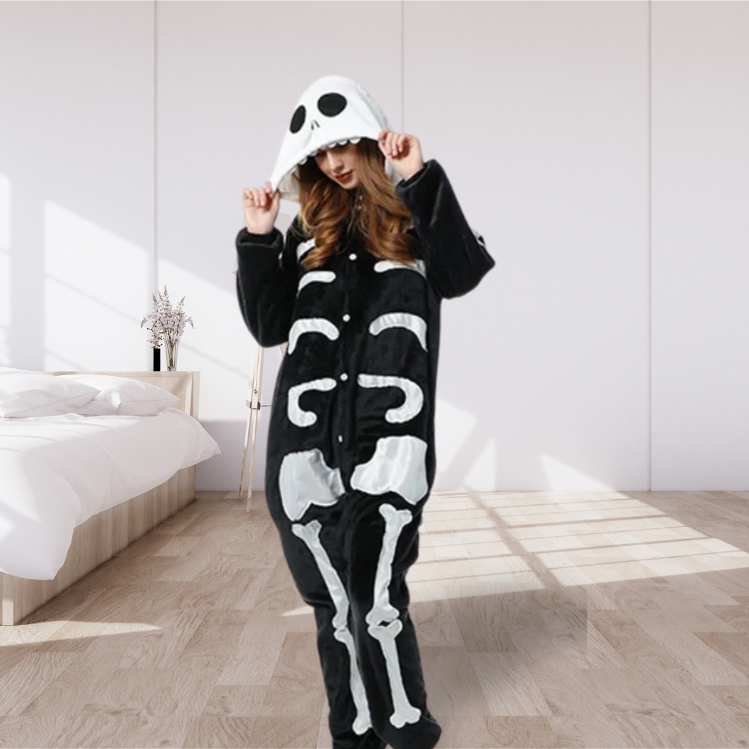 Pyjamas Halloween Famille Combinaison à Capuche Zippée Imprimée Squelette Blanche - Tenue Parent-Enfant