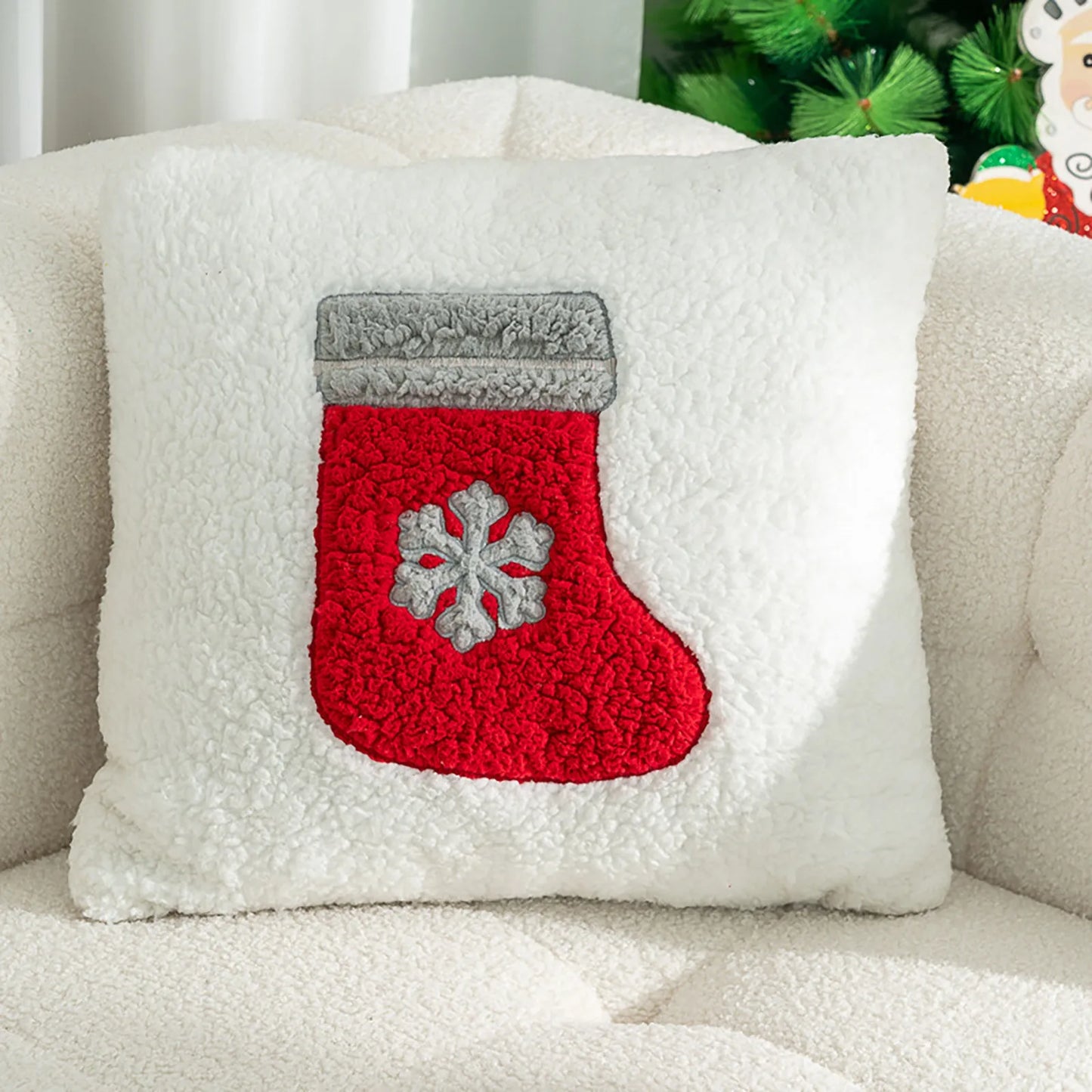 Coussin Pilou Pilou de Noël Chaussettes sur coussin blanc