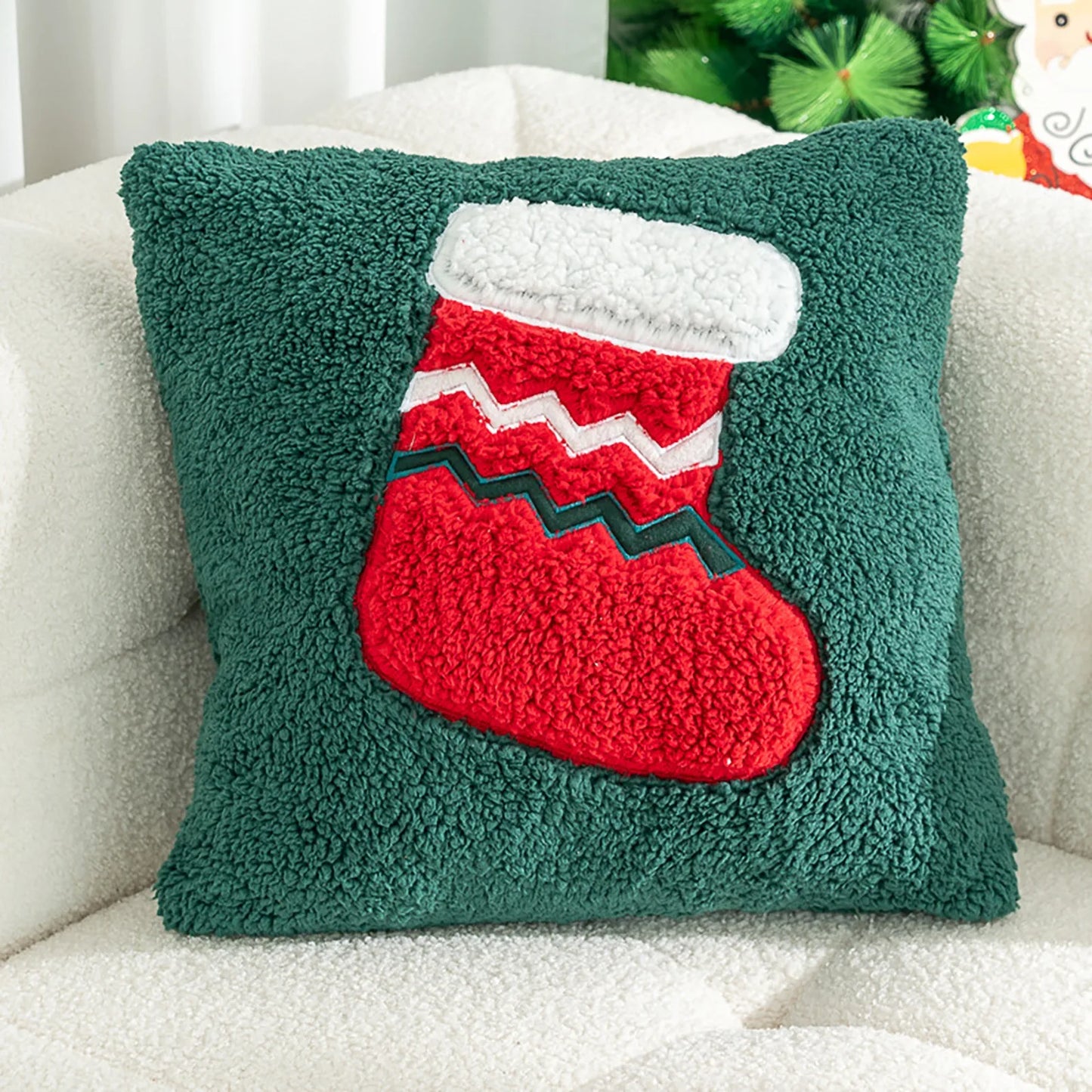 Coussin Pilou Pilou de Noël Chaussettes sur coussin vert