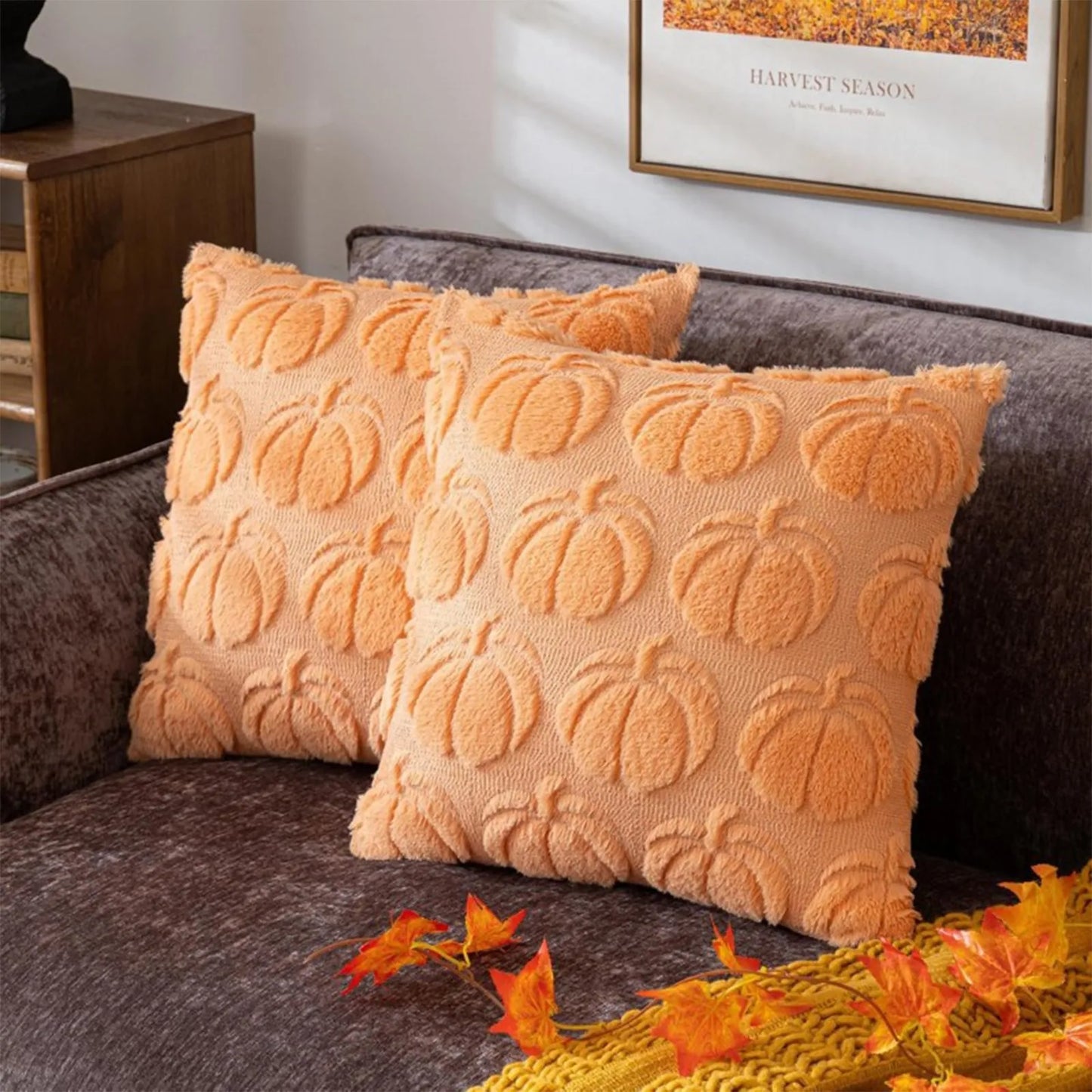 Housse de Coussin à Motifs Citrouilles Beige